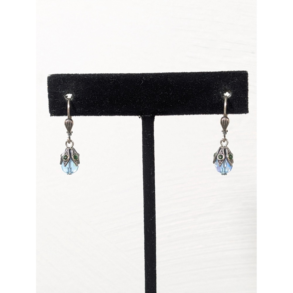 Blue Faceted Glass Drop Earrings Green Rhinestones Leverback Silver Tone